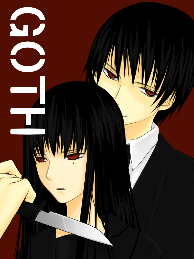 black_hair, goth_(manga), kamiyama_itsuki, knife, long_hair, mole, morino_yoru, red_eyes, smile