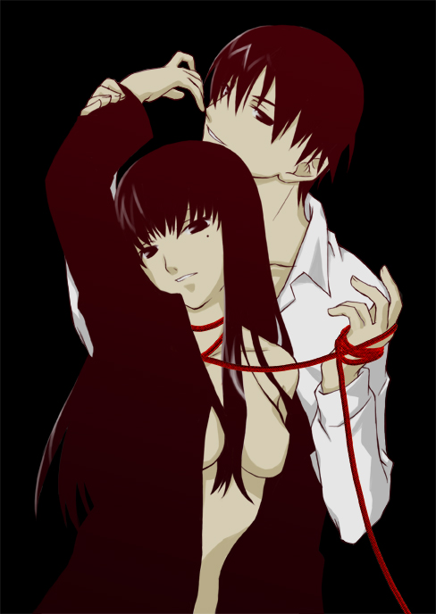 black_hair, breasts, goth_(manga), kamiyama_itsuki, long_hair, mole, morino_yoru, smile, thread