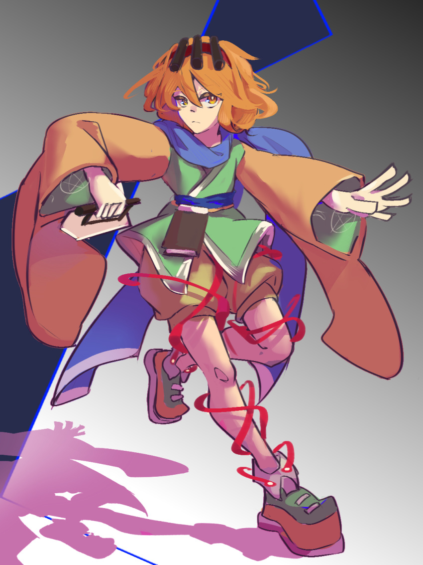 1other, androgynous, baicao_(xinjinjumin270383336882), blue_sash, blue_scarf, book, bright_pupils, brown_shorts