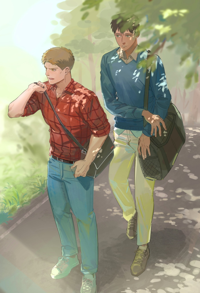 0oizuo0, 2boys, arm_up, bag, bertolt_hoover, blonde_hair, blue_pants, blue_sweater