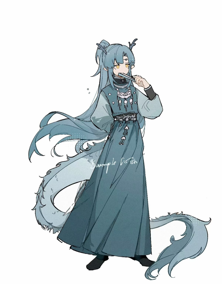 1boy, arm_behind_back, black_footwear, blue_hair, changmingsuo, chinese_clothes, dragon_tail, dress