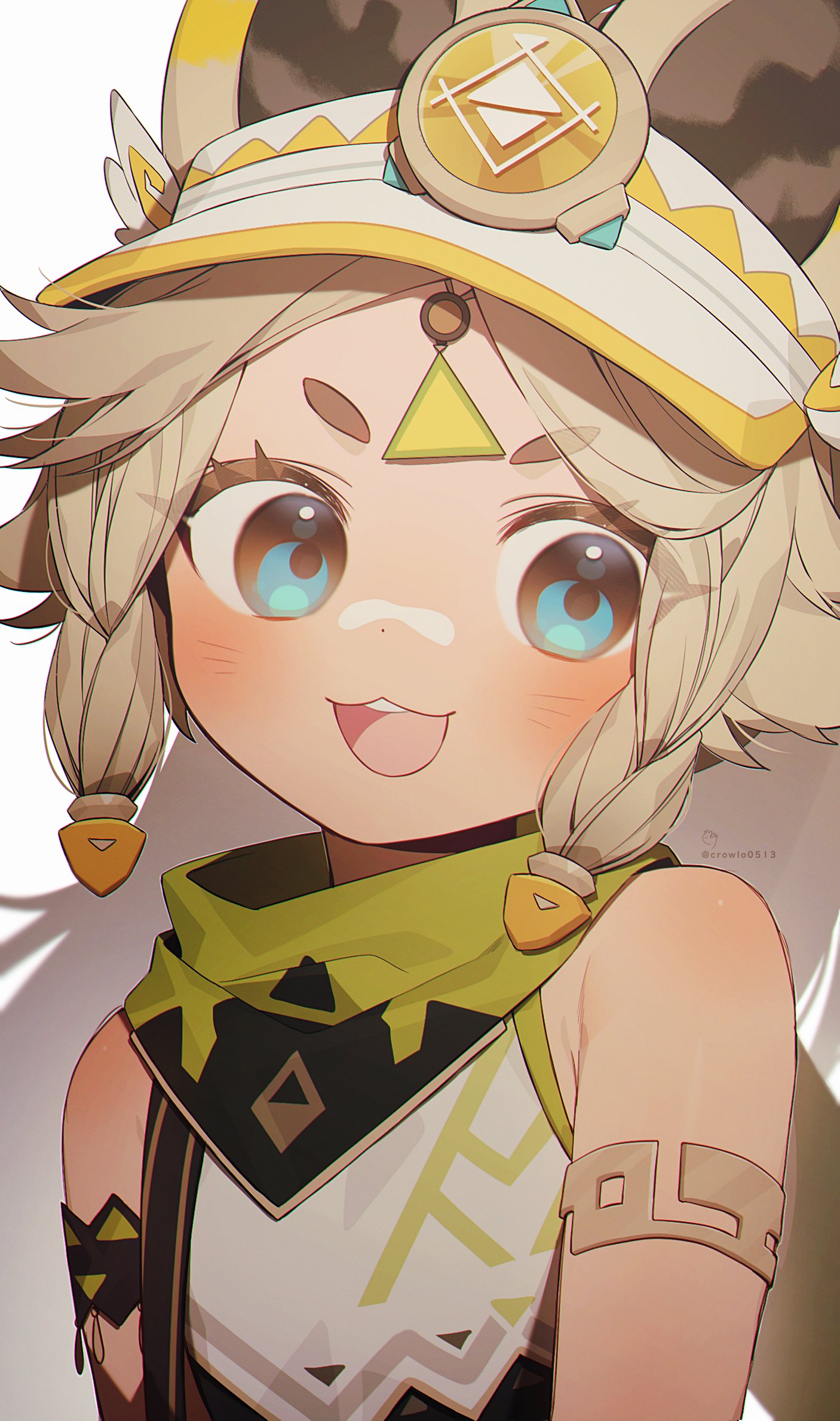 1girl, :3, animal_ears, armlet, bare_shoulders, blue_eyes, blush, coojisan, english_commentary, genshin_impact, hair_ornament, hat, highres, jewelry, kachina_(genshin_impact), light_brown_hair, long_hair, looking_at_viewer, multicolored_hair, open_mouth, sidelocks, simple_background, sleeveless, solo, teeth, twitter_username, upper_body, upper_teeth_only, visor_cap, white_background