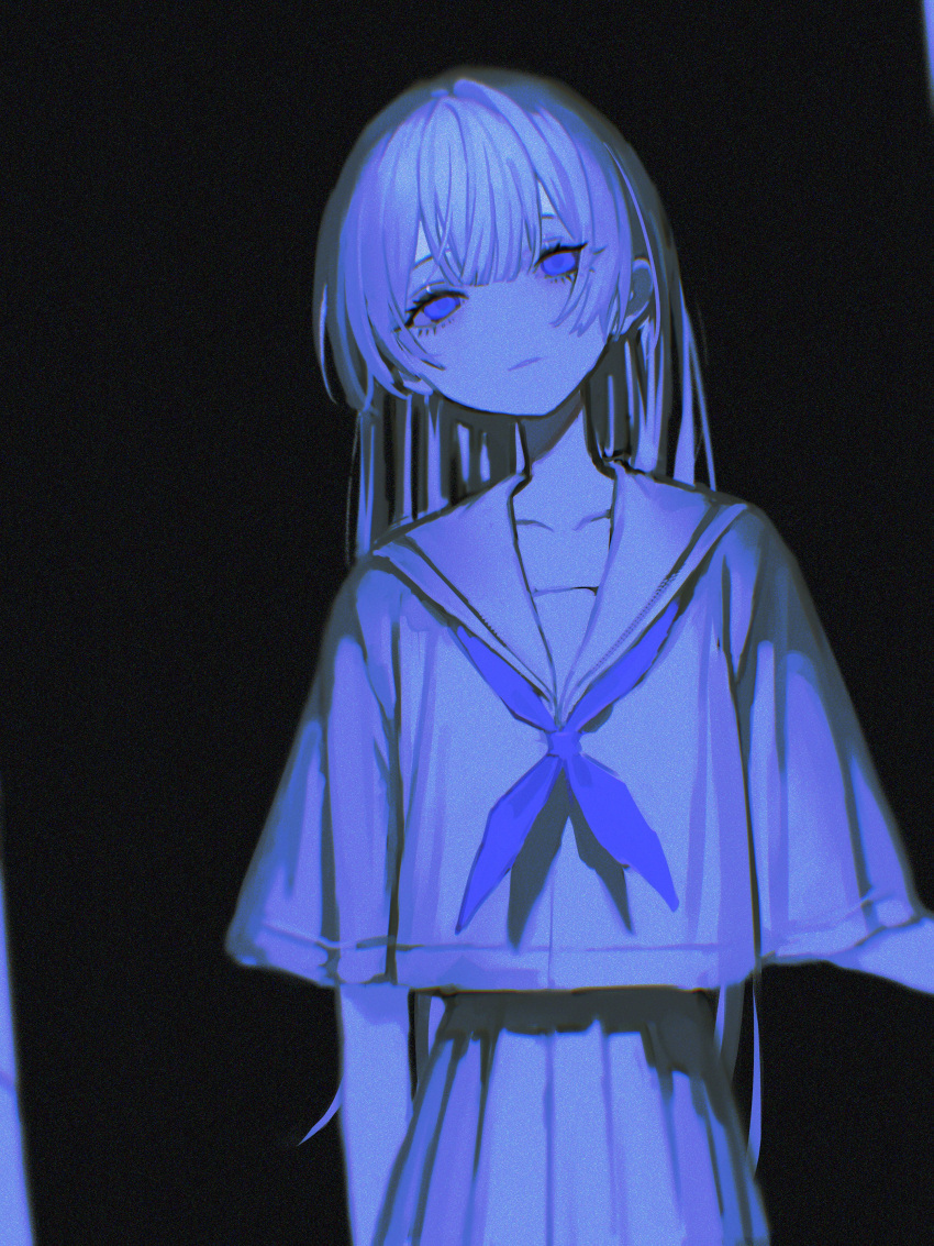 1girl, absurdres, black_background, blue_eyes, blue_neckerchief, blunt_bangs, dark, glitter