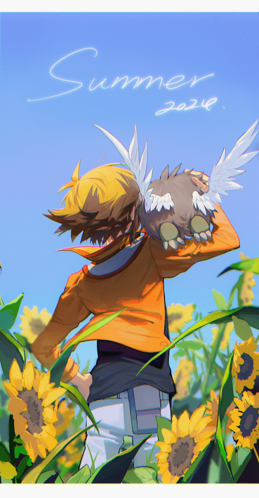 1boy, absurdres, arm_up, black_shirt, blue_sky, border, brown_fur, brown_hair