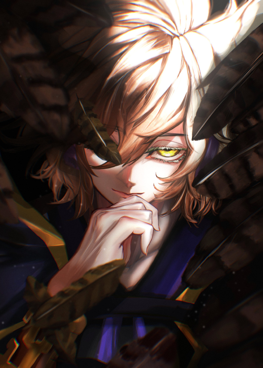 1girl, absurdres, black_feathers, blonde_hair, chromatic_aberration, close-up, earmuffs, feathered_wings
