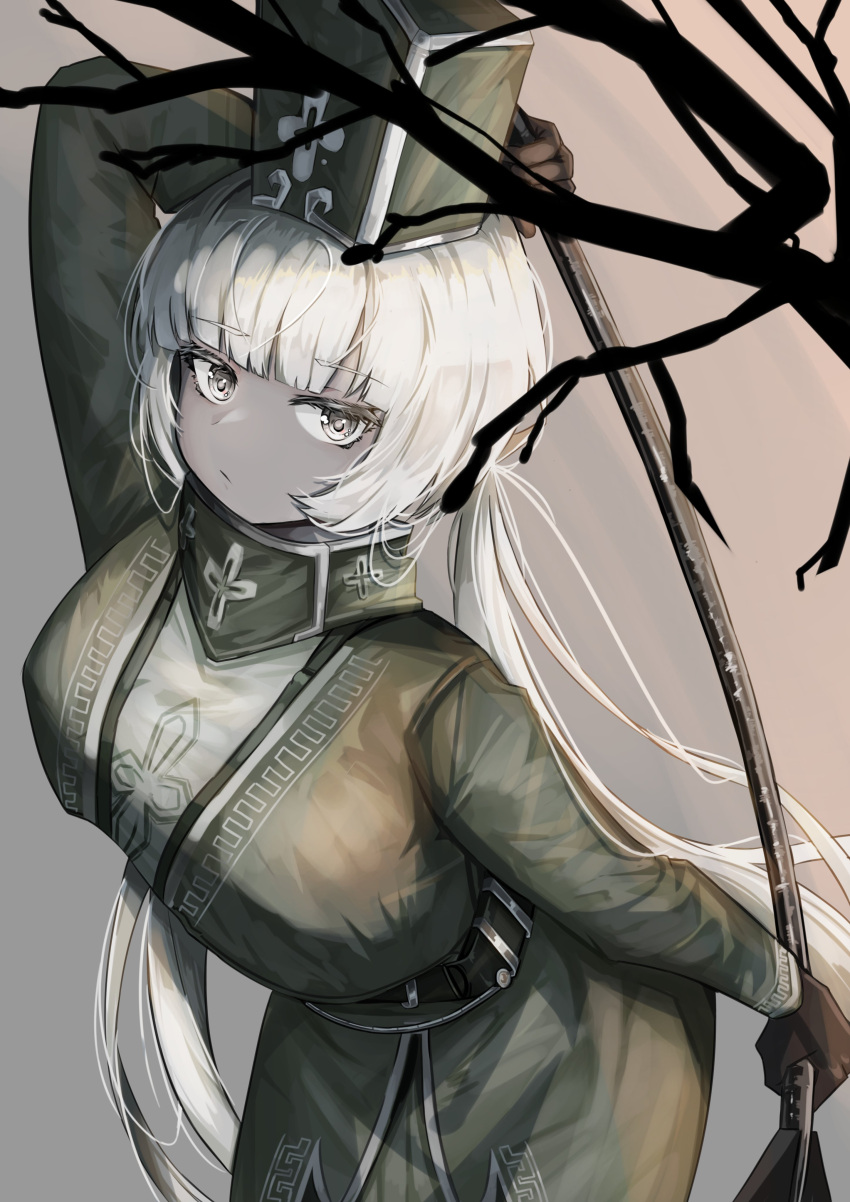 1girl, absurdres, black_gloves, blunt_bangs, breasts, charon_(project_moon), coat, colored_skin