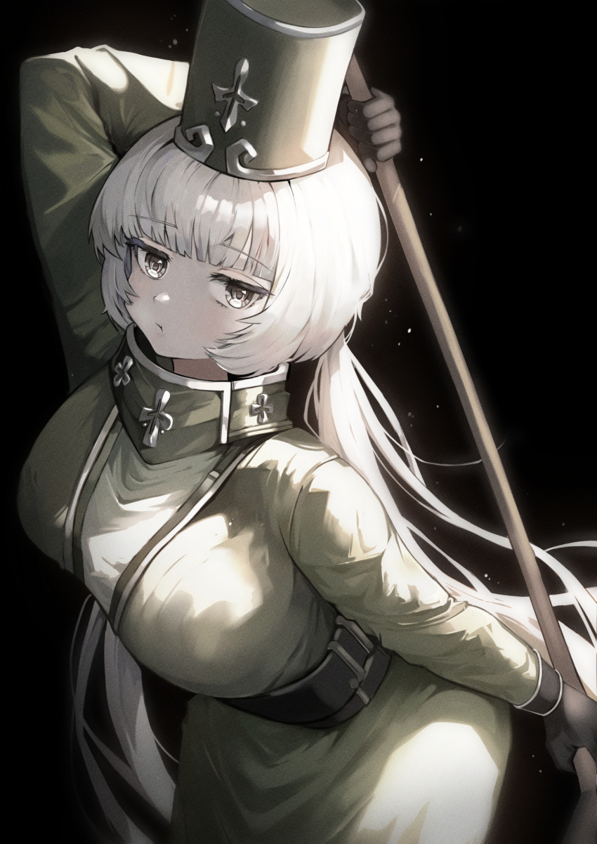 1girl, absurdres, black_background, black_gloves, blunt_bangs, breasts, charon_(project_moon), coat