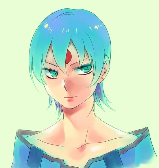 aqua_hair, bangs, collarbone, earrings, facial_mark, forehead_mark, green_eyes, jewelry