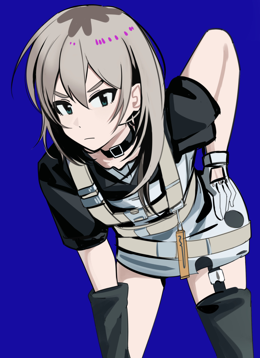 1girl, absurdres, arm_warmers, black_arm_warmers, black_choker, black_shirt, black_thighhighs, blue_background