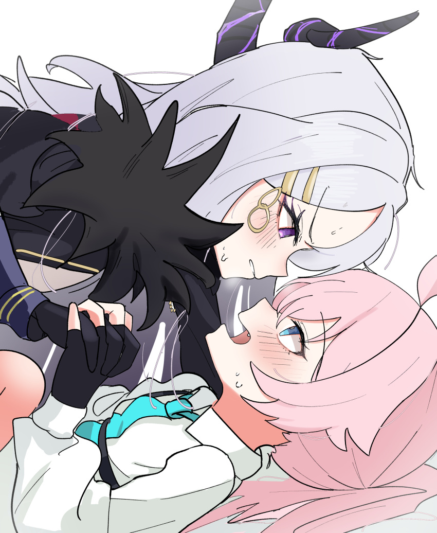 2girls, absurdres, ahoge, aqua_necktie, black_gloves, blue_archive, blush, chest_harness