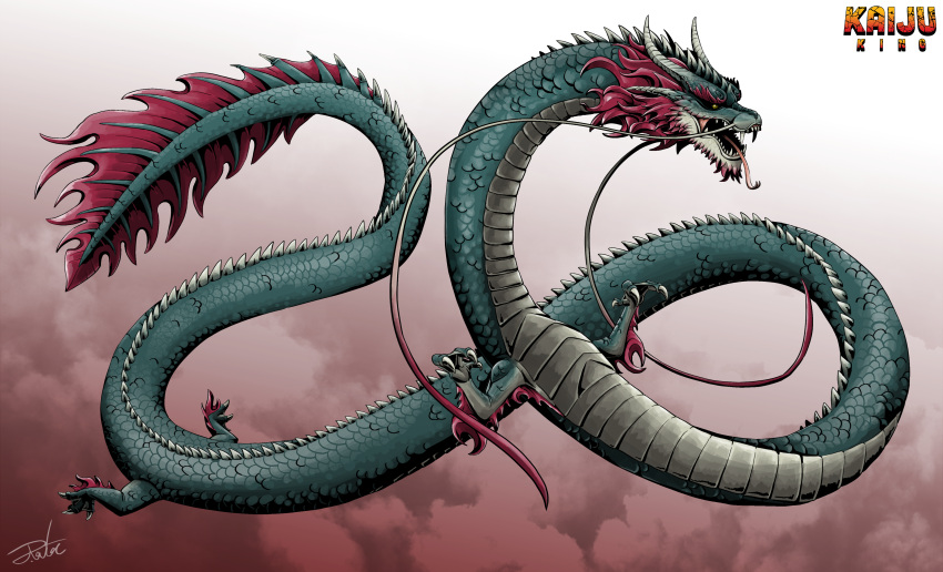 absurdres, black_sclera, claws, colored_sclera, dragon, dragon_horns, eastern_dragon, english_text