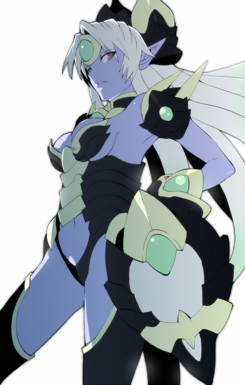 armor, armpits, bad_id, blue_skin, breasts, character_request, elf, from_below