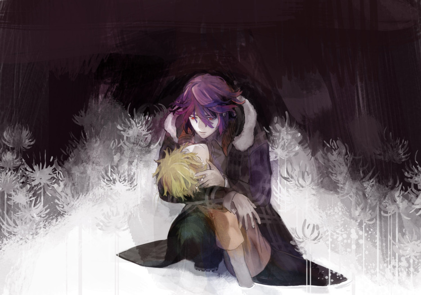 bad_id, blonde_hair, chiizu_sakiika, chrysanthemum, coat, flower, koide_natsuno, male