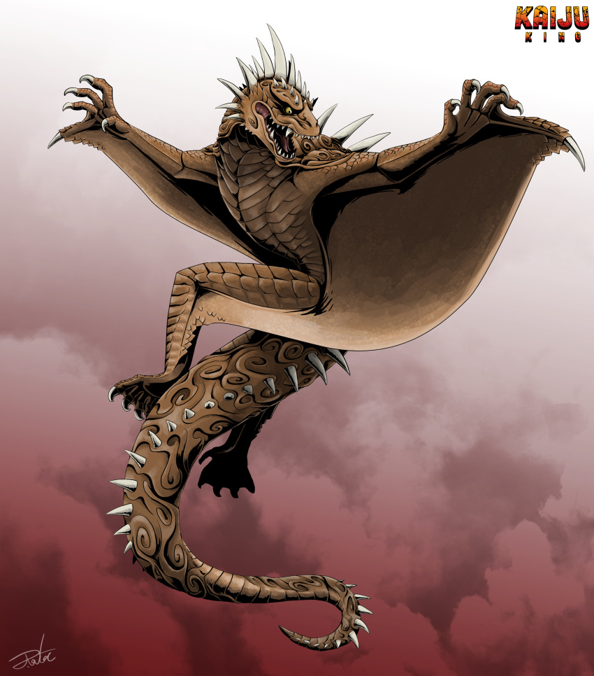 absurdres, brown_scales, claws, dragon, english_text, flying, forked_tongue, full_body