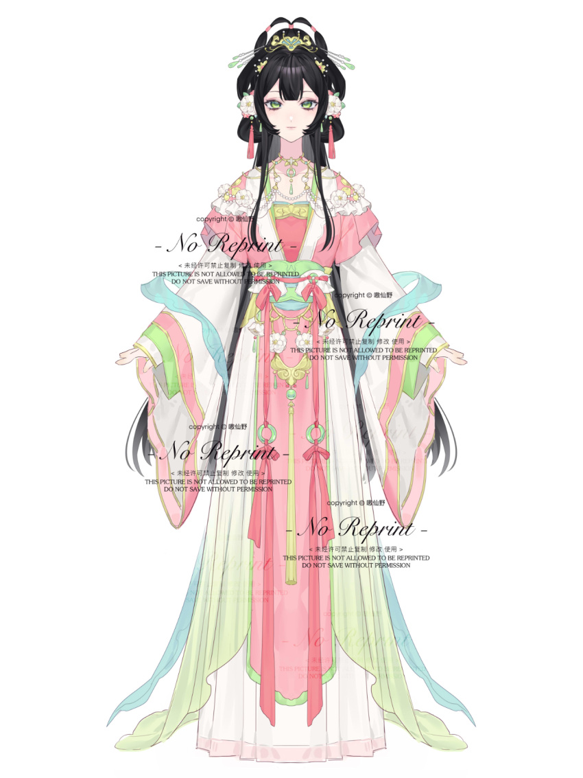 1girl, ao_xian_ye, black_hair, chinese_clothes, dress, duijin_ruqun, flower, full_body