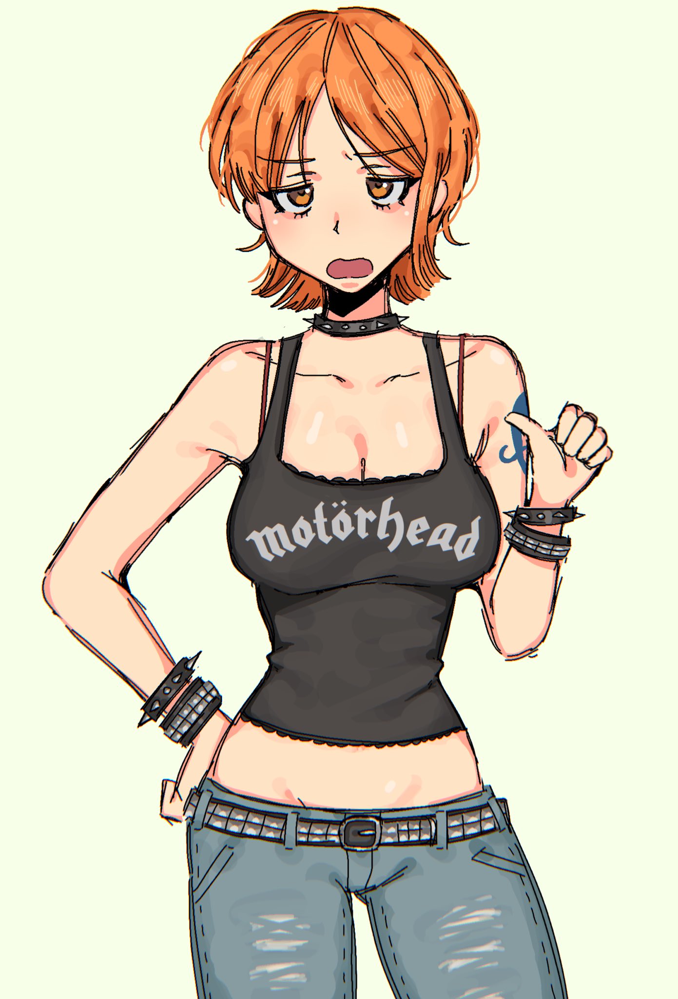 1girl, female, gothic, jeans, motorhead, nami_(one_piece), one_piece, open_mouth