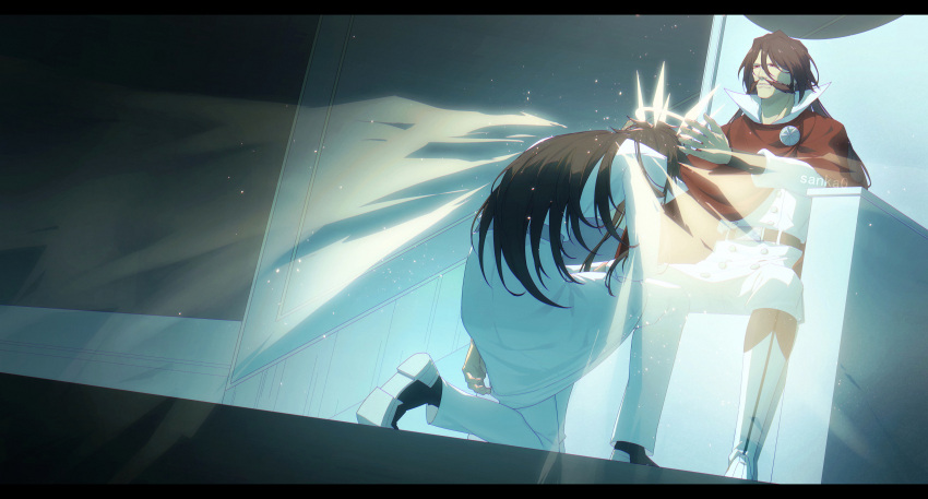 2boys, absurdres, alternate_costume, alternate_universe, arm_on_knee, artist_name, belt, black_hair