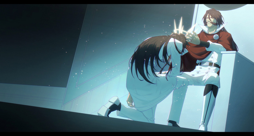 2boys, absurdres, alternate_costume, alternate_universe, arm_on_knee, artist_name, belt, black_hair