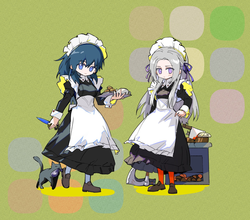 2girls, alternate_costume, apron, artuvia, axe, bag, battle_axe, black_dress