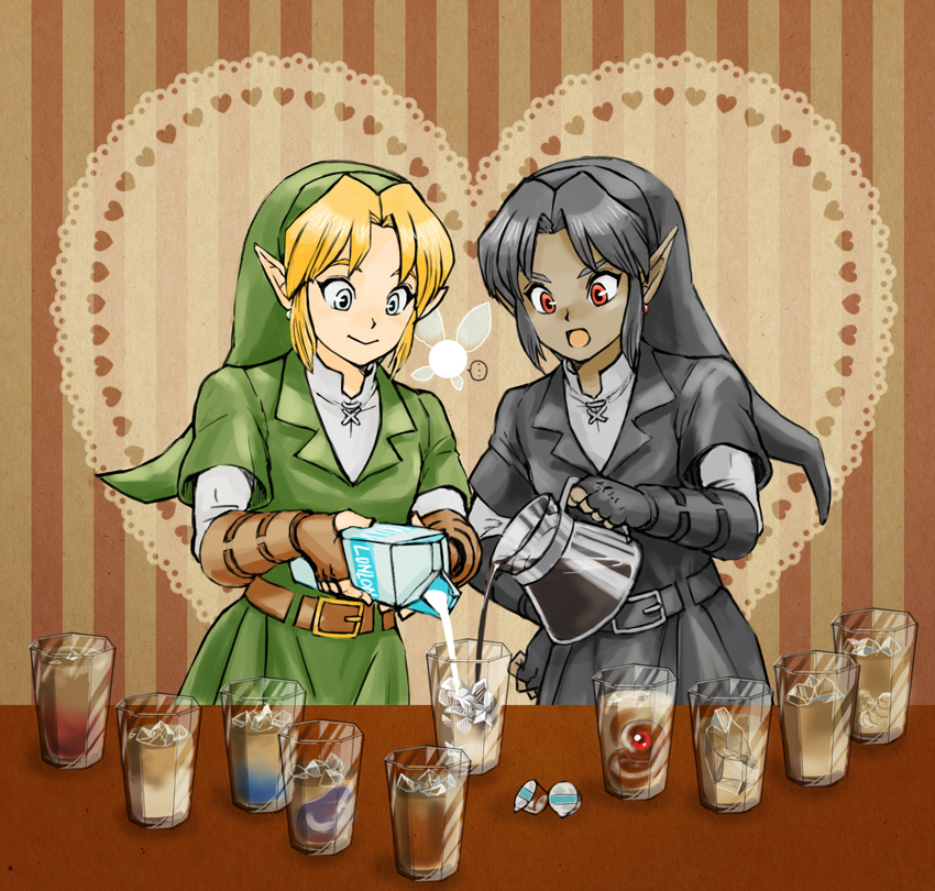 blonde_hair, blue_eyes, coffee, dark_link, dark_skin, earrings, edit5, elf