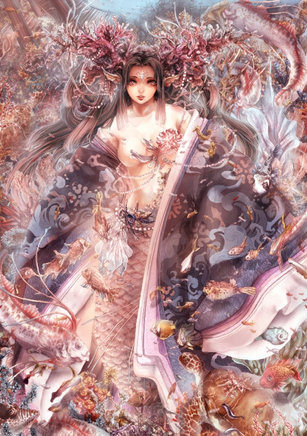 brown_hair, coral, facial_mark, fish, long_hair, mermaid, monster_girl, pixiv_fantasia