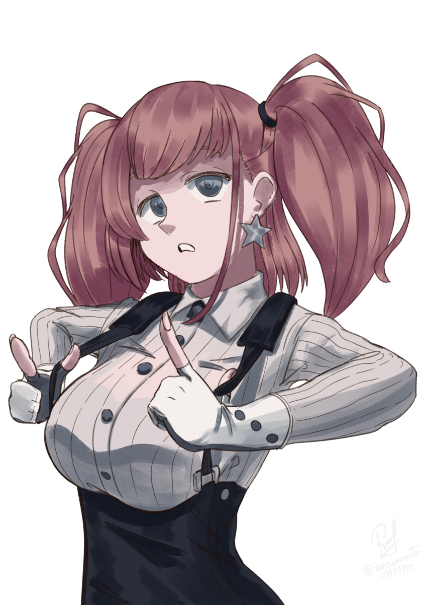 1girl, absurdres, atlanta_(kancolle), black_skirt, breasts, brown_hair, dress_shirt, earrings