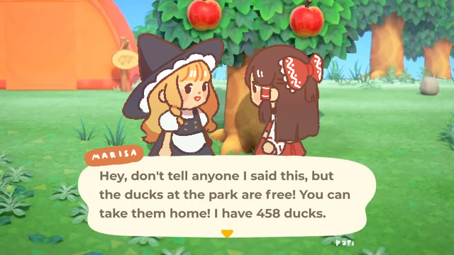2girls, animal_crossing, black_hat, blonde_hair, bow, brown_hair, commentary, english_commentary