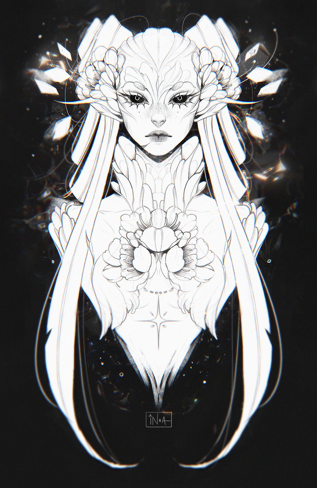1girl, black_sclera, closed_mouth, colored_sclera, flower, freckles, guild_wars_(series), guild_wars_2
