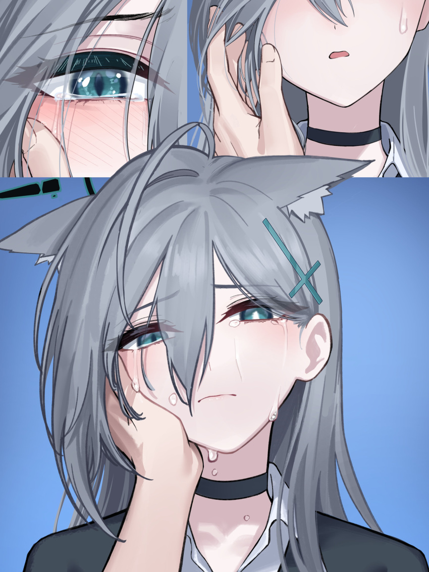 1girl, absurdres, animal_ear_fluff, animal_ears, aoi_riko, black_halo, blue_archive, broken_halo, choker, cross, cross_hair_ornament, crying, dark_halo, extra_ears, grey_hair, hair_ornament, halo, highres, inverted_cross, mismatched_pupils, pov, pov_hands, shiroko_(blue_archive), shiroko_terror_(blue_archive), tears, upper_body, wolf_ears, wolf_girl