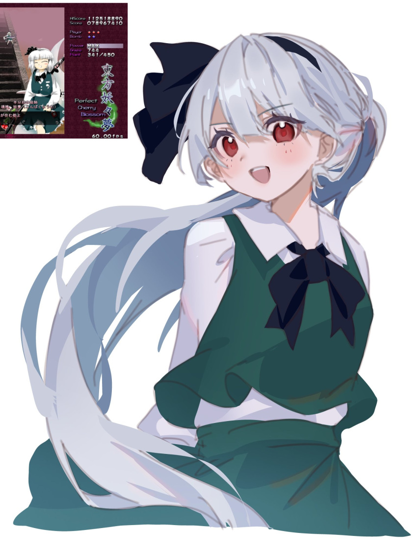 1girl, alternate_hair_length, alternate_hairstyle, black_bow, black_bowtie, black_hairband, blush, bow