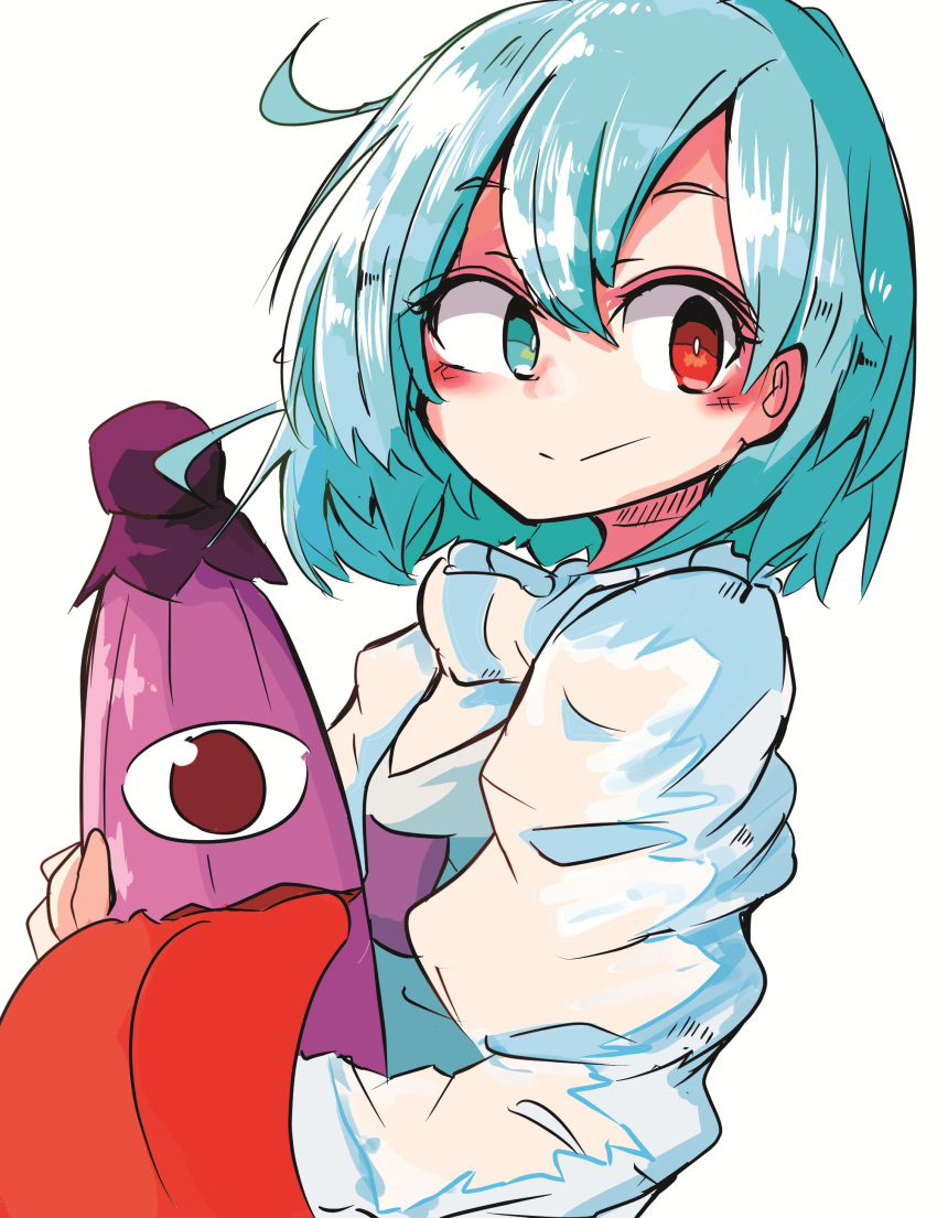 1girl, absurdres, ahoge, blue_eyes, blue_hair, closed_mouth, dated_commentary, hashtag-only_commentary, heterochromia, highres, karakasa_obake, kogasa_day, long_sleeves, looking_at_viewer, purple_umbrella, red_eyes, short_hair, simple_background, smile, solo, tatara_kogasa, th_kajiya, tongue, touhou, umbrella, upper_body, white_background