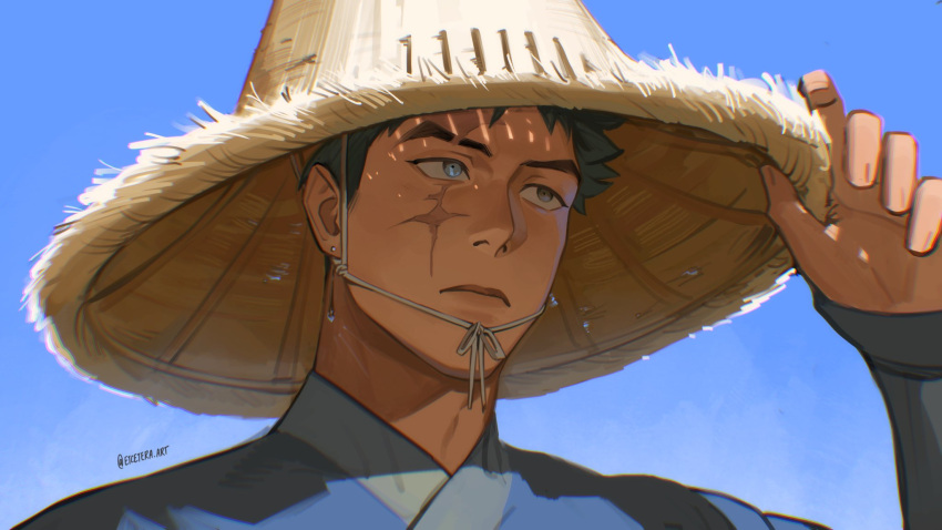 1boy, blue_hair, closed_mouth, earrings, etceteraart, expressionless, hand_on_headwear, heterochromia, highres, jewelry, looking_to_the_side, male_focus, original, portrait, roningasa, scar, scar_across_eye, short_hair, signature, sky, solo, twitter_username, yu_hai_(etceteraart)