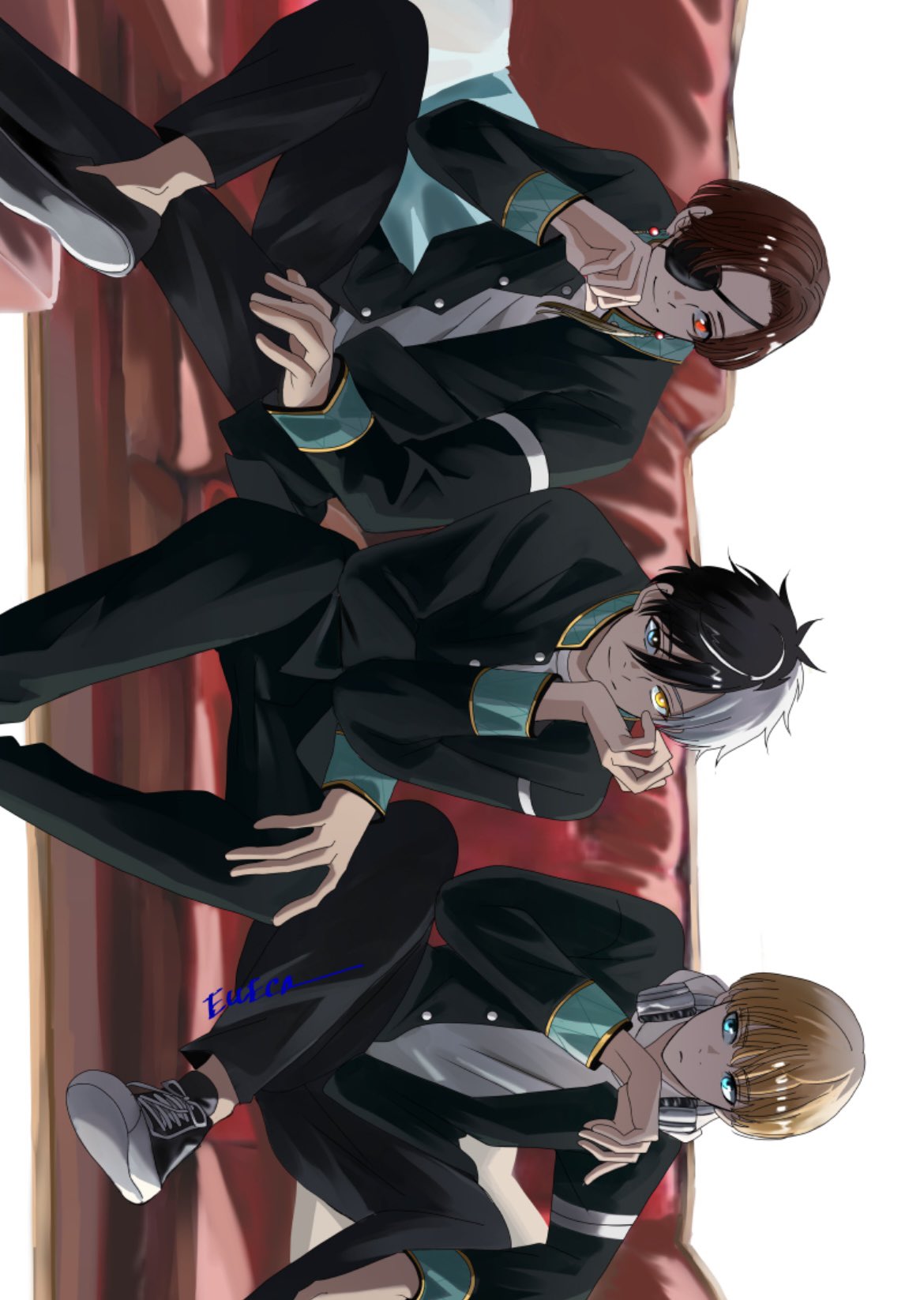 3boys, black_footwear, black_hair, blonde_hair, blue_eyes, brown_hair, couch, earrings