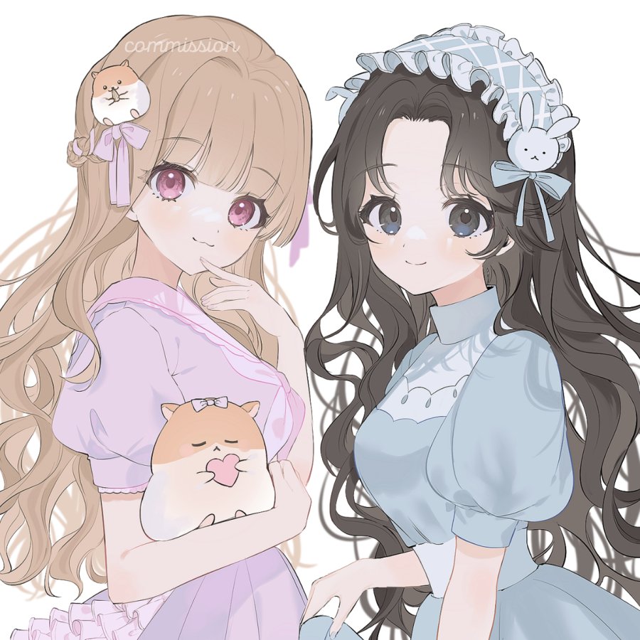 2girls, blue_dress, blue_eyes, brown_hair, closed_mouth, commission, dress, hair_ornament