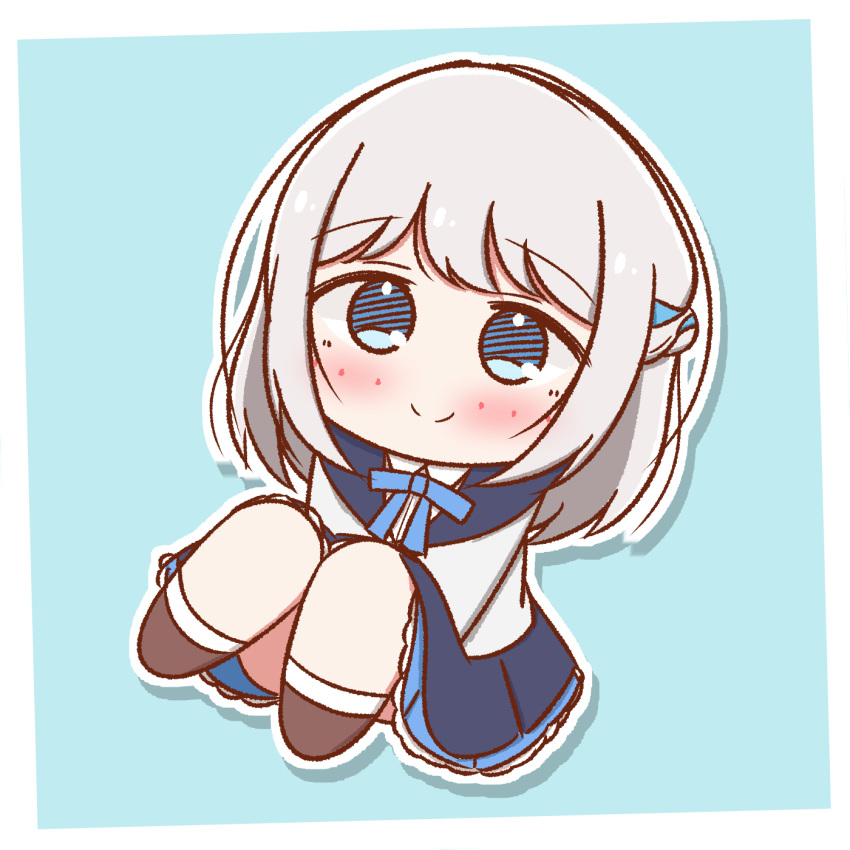 1girl, blue_eyes, blue_ribbon, blue_skirt, blush, border, chibi, chibi_only