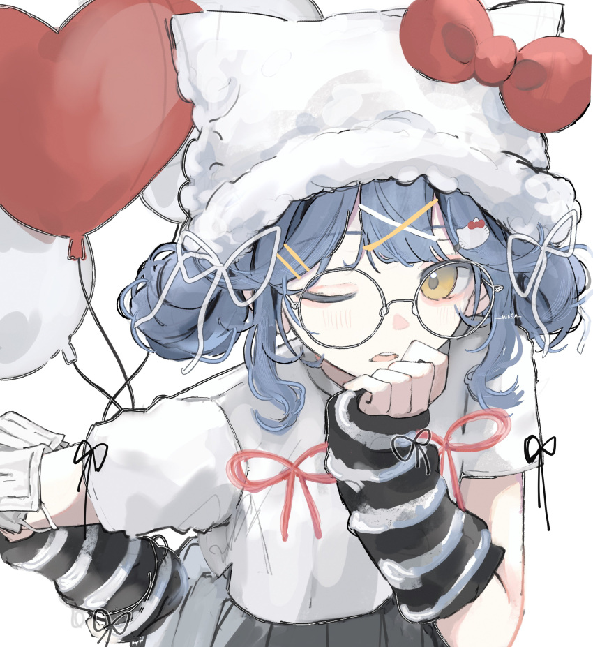 1girl, absurdres, arm_warmers, balloon, black_arm_warmers, blue_hair, bow, double_bun, glasses, grey-framed_eyewear, grey_skirt, hair_bun, hair_ornament, hair_ribbon, hairclip, hand_on_own_chin, hand_on_own_hip, hat, hat_bow, heart_balloon, highres, holding, holding_balloon, leaning_forward, niaa, one_eye_closed, original, pleated_skirt, red_bow, red_ribbon, ribbon, round_eyewear, shirt, short_hair, short_sleeves, sidelocks, simple_background, skirt, solo, twitter_username, white_arm_warmers, white_background, white_hat, white_ribbon, white_shirt, x_hair_ornament