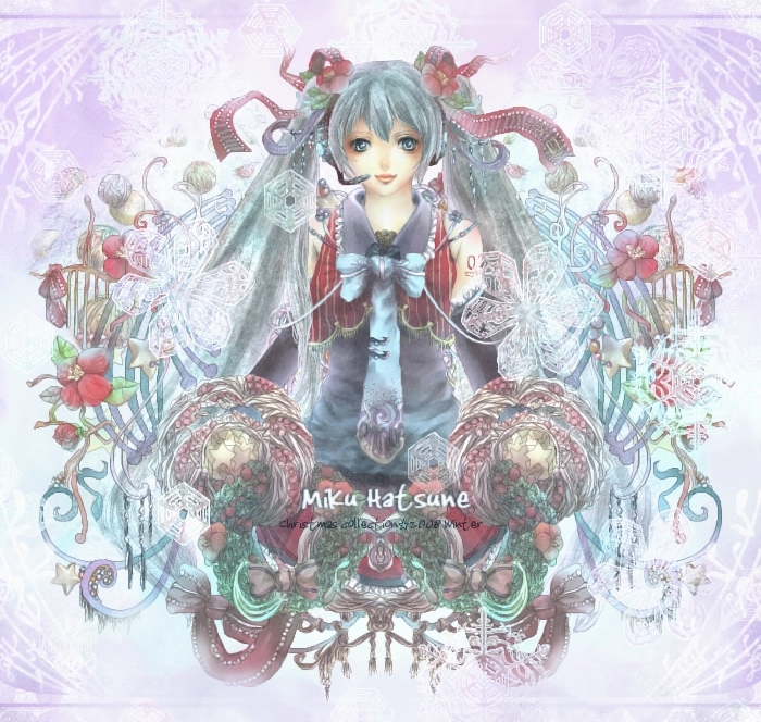 blue_hair, christmas, flower, hair_flower, hair_ornament, hatsune_miku, headphones, headset, long_hair, ras0331, solo, twintails, vocaloid, wreath