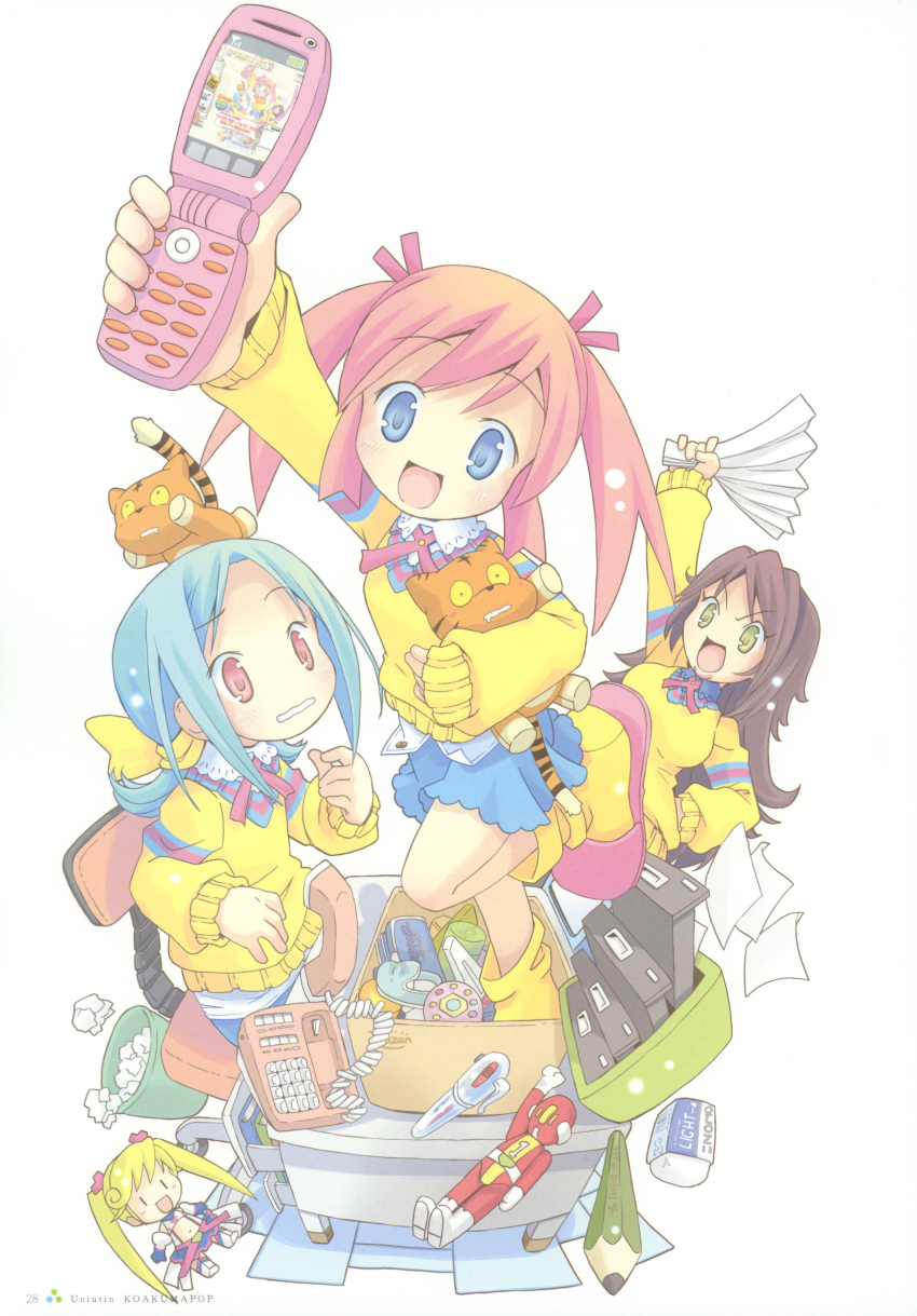 absurdres, blue_eyes, blue_hair, bow, brown_hair, cat, cellphone, dankain_reiko