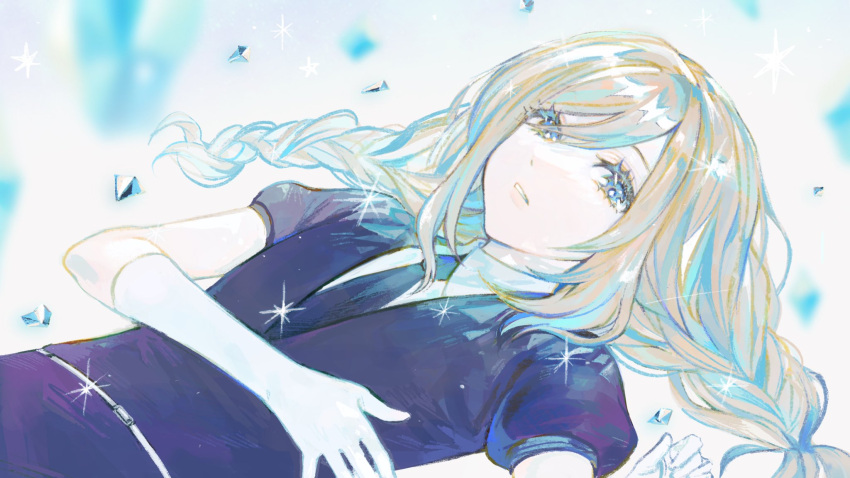 1girl, 43_pon, bad_id, bad_twitter_id, black_necktie, black_shirt, blue_eyes, braid