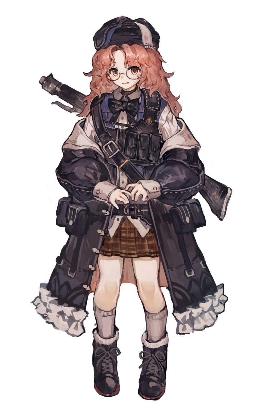 1girl, absurdres, black_bow, black_bowtie, black_coat, black_footwear, black_hat, bow, bowtie, coat, coat_pouch, commentary, cross-laced_footwear, full_body, grey_socks, gun, hat, highres, long_hair, long_sleeves, looking_at_viewer, off_shoulder, open_clothes, open_coat, orange_eyes, orange_hair, original, parted_lips, round_eyewear, simple_background, socks, solo, straight-on, sweat, tactical_clothes, weapon, weapon_behind_back, white_background, yanyan_(shinken_gomi)