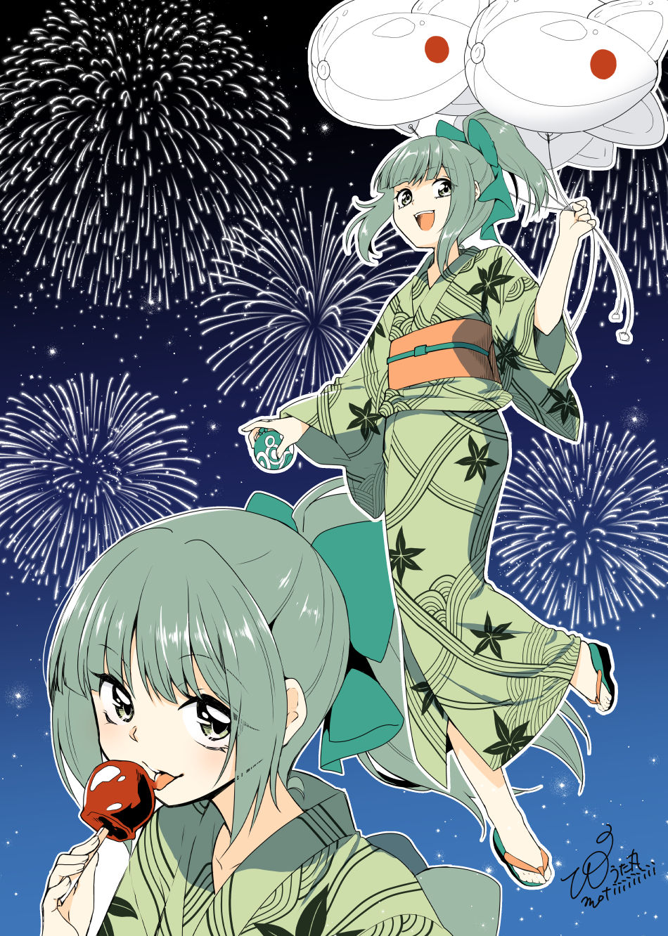 1girl, aircraft, balloon, blue_eyes, bow, candy_apple, commentary_request, fireworks