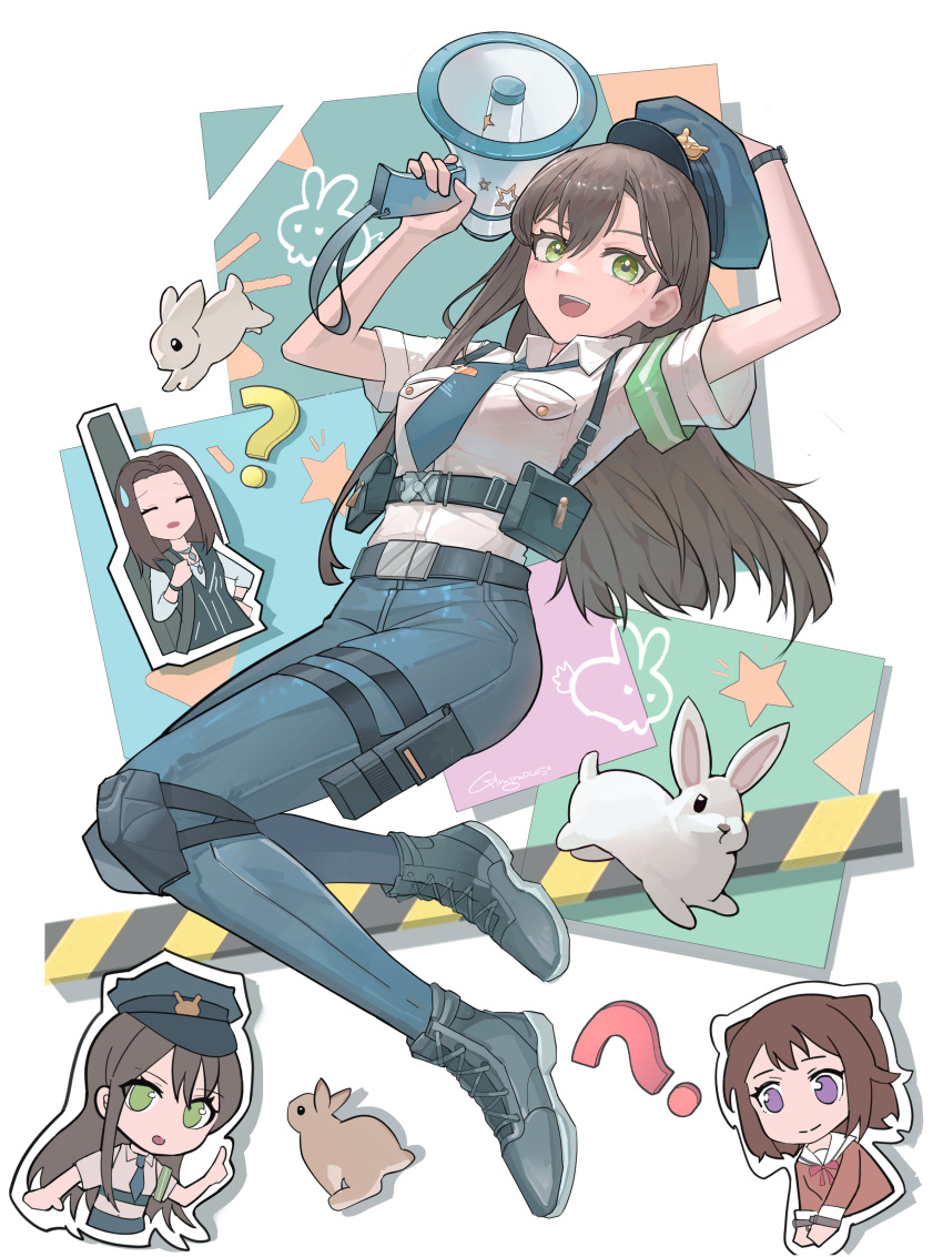 3girls, ?, absurdres, armband, bang_dream!, black_footwear, black_vest, blue_hat, blue_necktie, blue_pants, breasts, brown_dress, brown_hair, closed_mouth, collared_shirt, cone_hair_bun, cuffed, cuffs, dress, dress_shirt, gblamgo, green_eyes, guitar_case, hair_bun, hanasakigawa_school_uniform, hanazono_tae, hand_up, handcuffs, hat, highres, index_finger_raised, instrument_case, long_hair, long_sleeves, medium_breasts, medium_hair, megaphone, multiple_girls, neck_ribbon, necktie, open_mouth, pants, police, rabbit, red_ribbon, ribbon, sailor_collar, sailor_dress, school_uniform, shirt, short_sleeves, sweatdrop, teeth, toyama_kasumi, upper_teeth_only, vest, violet_eyes, wakana_rei, white_sailor_collar, white_shirt