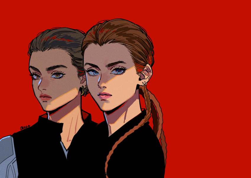 2girls, artist_name, black_bodysuit, black_vest, black_widow, black_widow_(film), blue_eyes, bodysuit