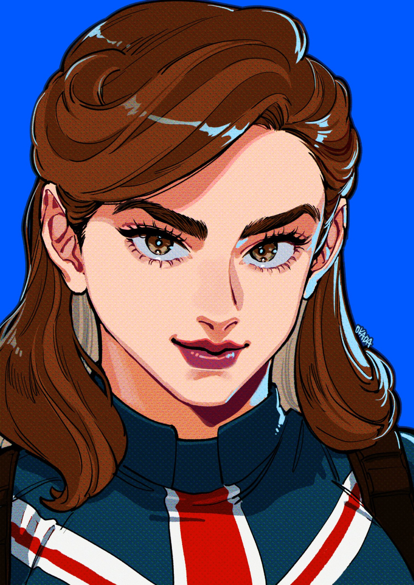 1girl, artist_name, blue_background, blue_bodysuit, bodysuit, brown_eyes, brown_hair, captain_carter, closed_mouth, colored_inner_hair, grey_hair, highres, lips, looking_at_viewer, marvel, marvel_cinematic_universe, medium_hair, multicolored_hair, okada_(hoooojicha), peggy_carter, purple_lips, simple_background, smile, solo, superhero_costume, union_jack, upper_body, v-shaped_eyebrows, what_if_(disney+)