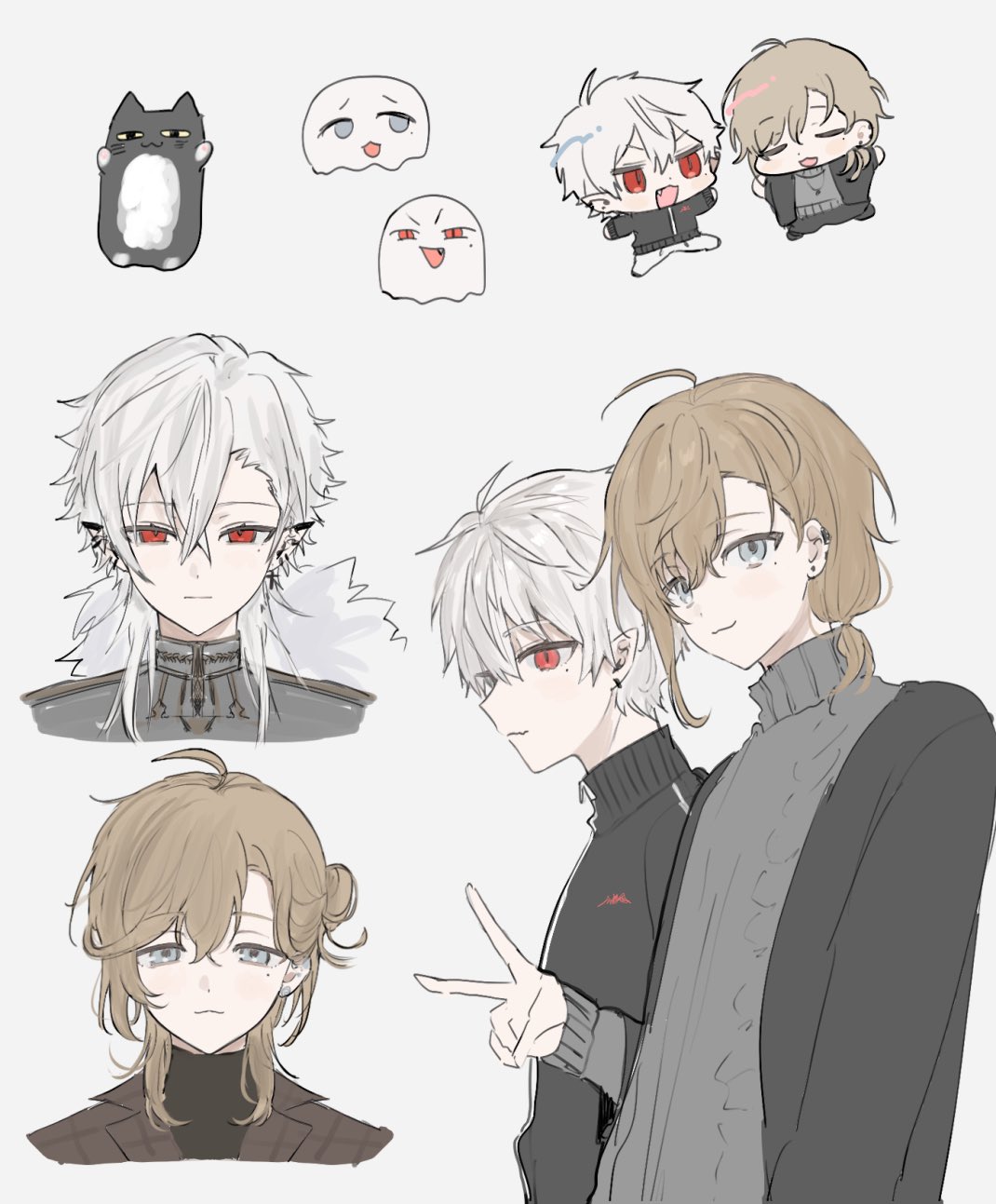 2boys, ahoge, black_jacket, blue_eyes, brown_hair, chronoir, closed_mouth, ghost