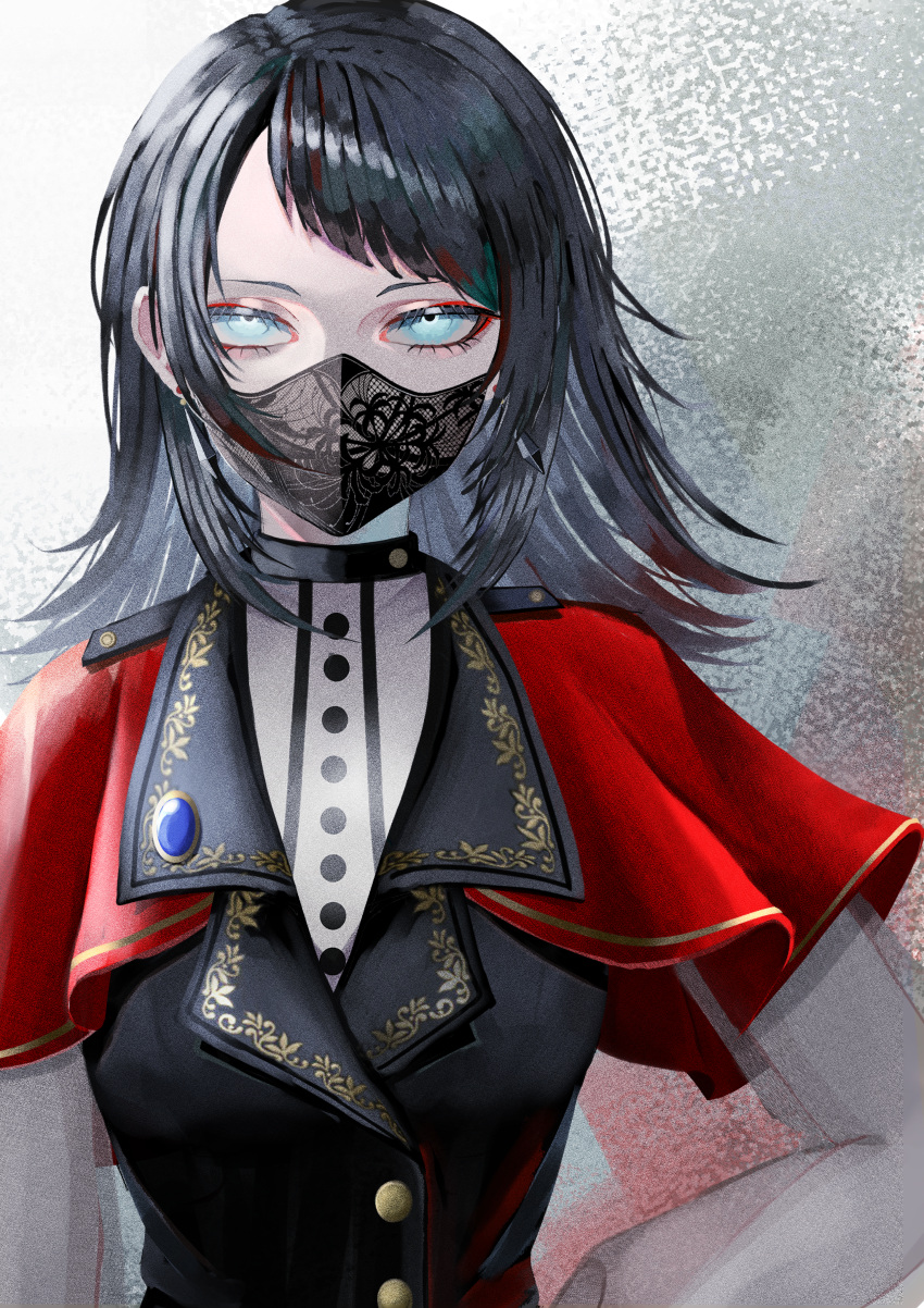 1girl, absurdres, bang_dream!, bang_dream!_it's_mygo!!!!!, black_hair, black_mask, black_vest, blue_eyes