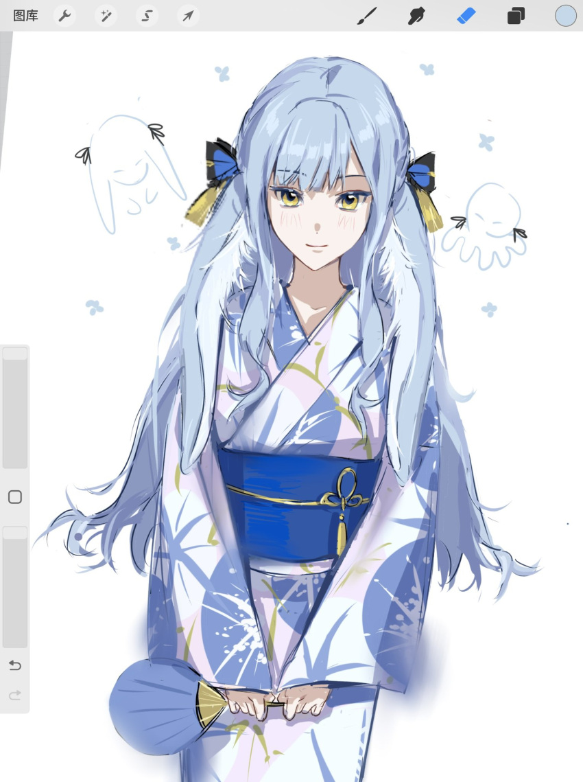 1girl, art_program_in_frame, bang_dream!, bang_dream!_it's_mygo!!!!!, blue_hair, blue_kimono, blush, chinese_commentary