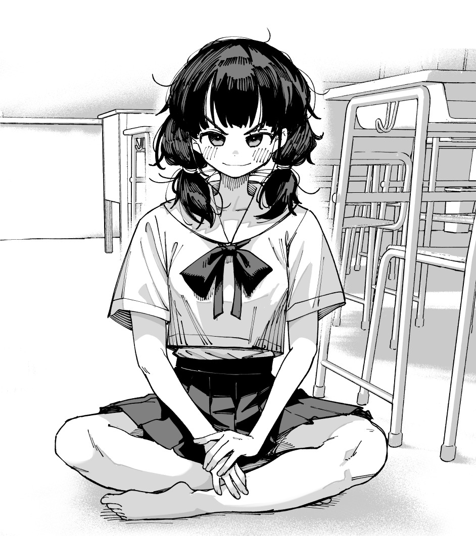 1girl, bow, bowtie, chair, classroom, collarbone, commentary, crossed_legs