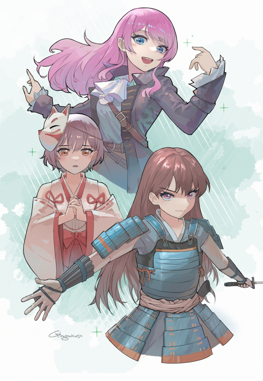 3girls, armor, artist_name, bang_dream!, bang_dream!_it's_mygo!!!!!, blue_eyes, blue_shirt, brown_eyes