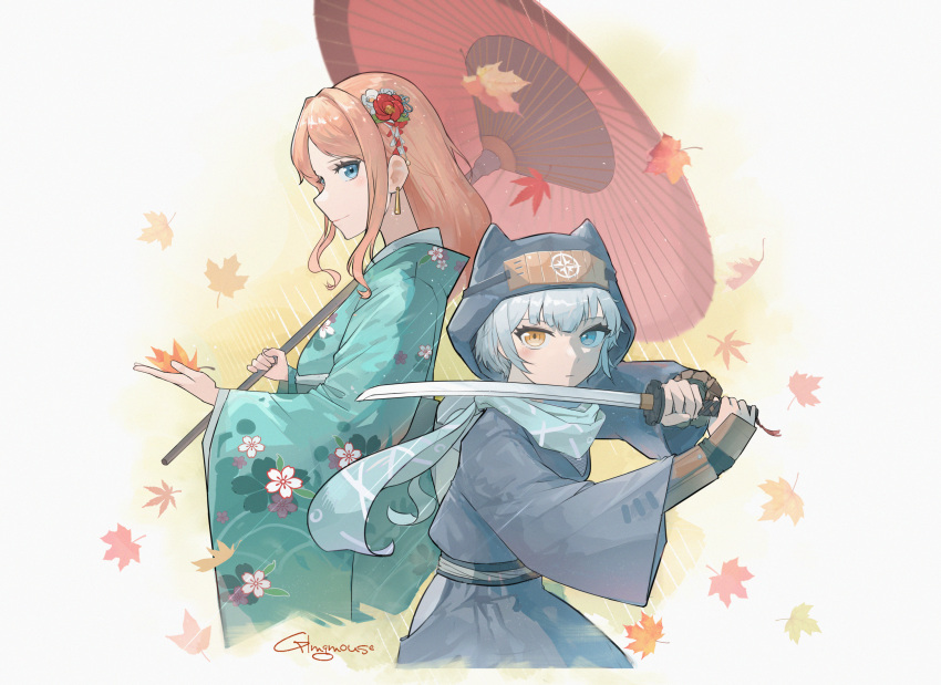 2girls, animal_ear_hood, artist_name, bang_dream!, bang_dream!_it's_mygo!!!!!, blue_eyes, blue_kimono, blue_scarf